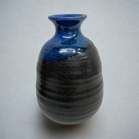 Set of 5 Japanese Sake Set Blue & Black Stoneware Pottery - Picture 3 of 10